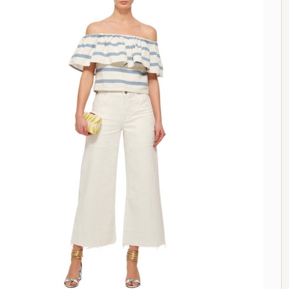 Mara Hoffman Off Shoulder Ruffle Top in Novelty Stripe Summer Blouse - Picture 1 of 12